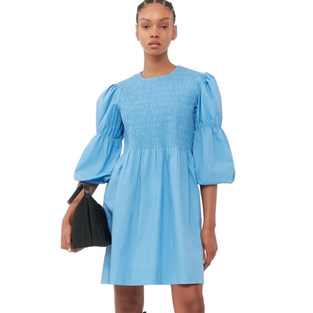 GANNI Blue Cotton Poplin Mini Smock Dress